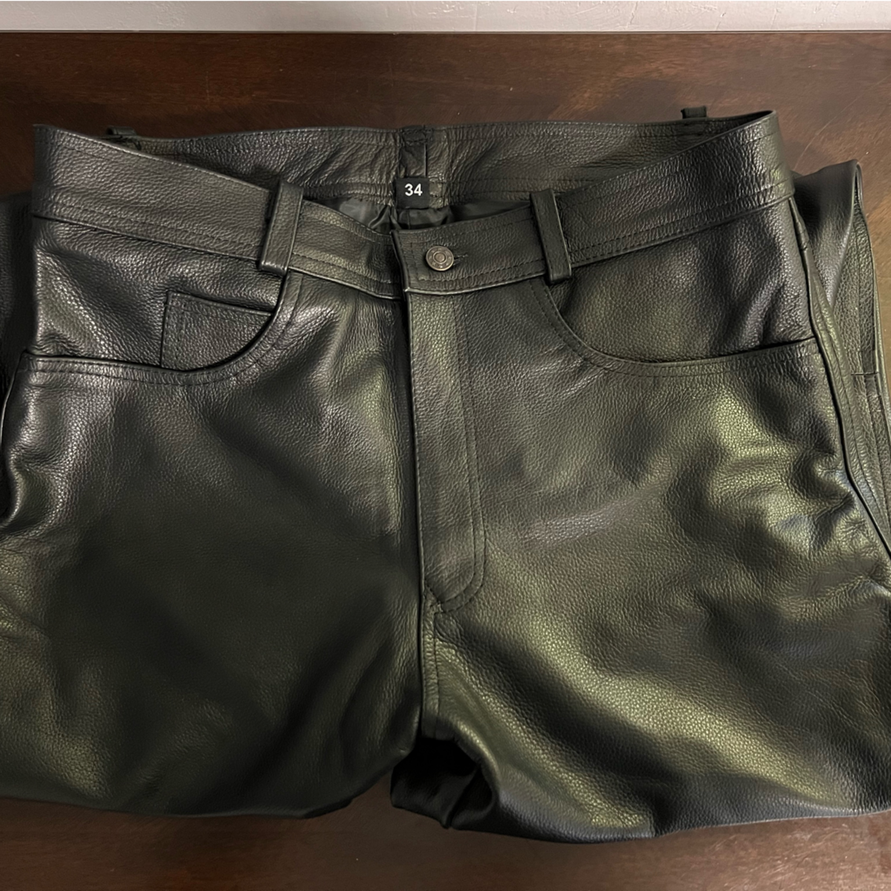New Black Leather Waist 34 Motorcycle Pants. Length Is Adjustable 30-34.